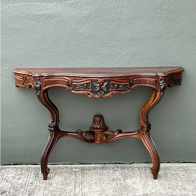Vintage Hand Carved Demilune Wall Mount Console Table For Sale - Image 9 of 12
