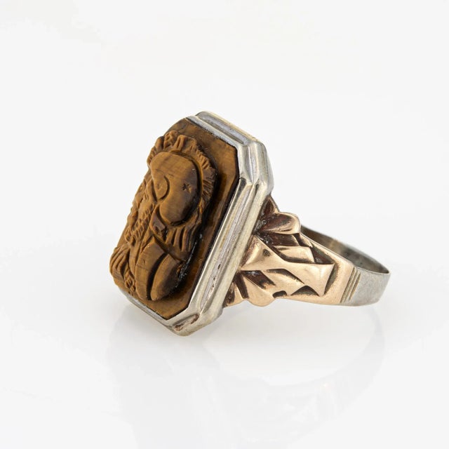 Early 20th Century Vintage Art Deco Centurion Tigers Eye Cameo Ring, Sz 8.75 For Sale - Image 4 of 7