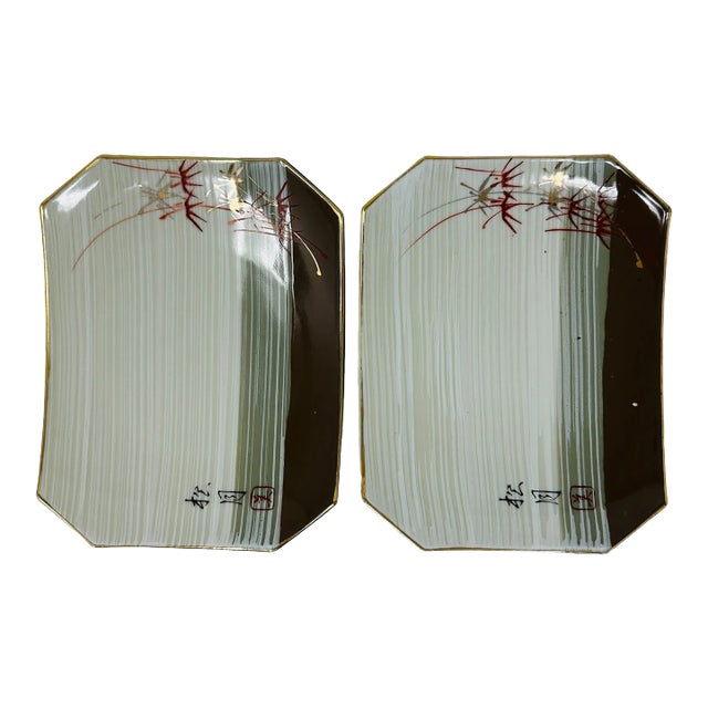 Vintage Signed Hand-Painted Ceramic Sushi Service Plates a Pair For Sale