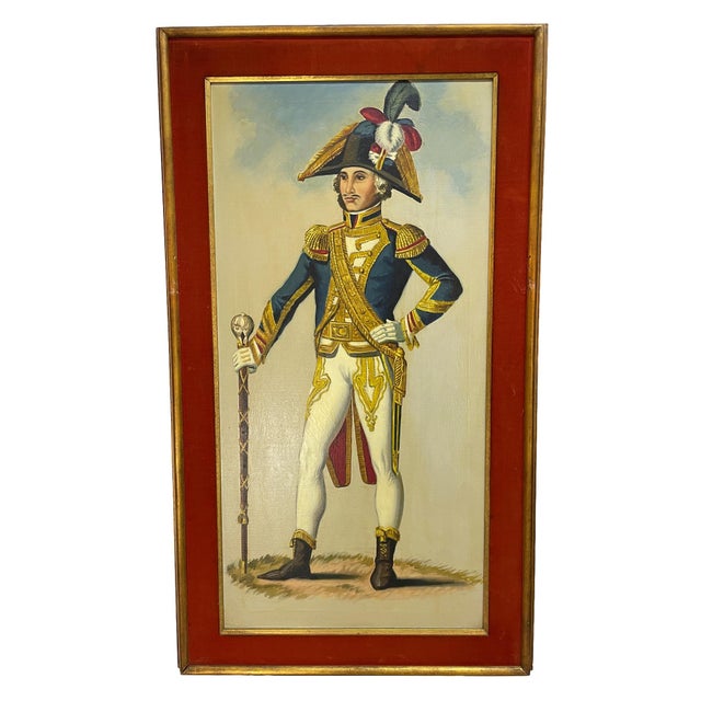 A coordinated set of six large-format paintings depicting French military figures in Napoleonic-era uniforms. Musicians...