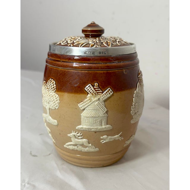 Figurative Antique Doulton Lambeth Sterling Silver Stoneware Pottery Tobacco Jar Humidor For Sale - Image 3 of 13