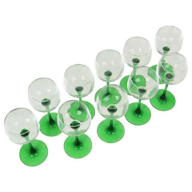 Vintage Luminarc Alsace Wine Glasses with Green Base, 1970s, Set of 10 For Sale - Image 12 of 14
