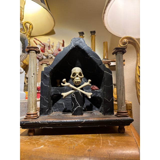 An Unusual Memento Mori Handcarved and Painted Shrine With Skull and Bones For Sale - Image 9 of 10