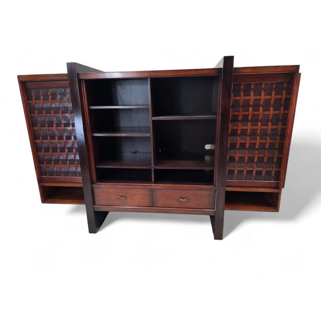 Brown Vintage Modern Mahogany Media Console With Sliding Woven Doors by South Cone For Sale - Image 8 of 8