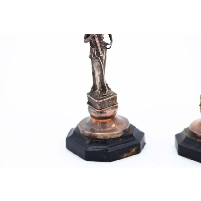 Silver Candlesticks with Deities and Plain Sconces with Octagonal Wooden Base, Set of 2 For Sale - Image 4 of 6