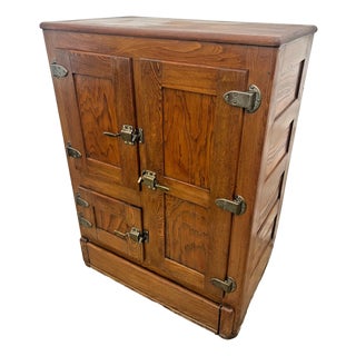 Antique Ice Box Three Storage Cabinets, Oak, Brass Latches Three Racks 32" Wide For Sale