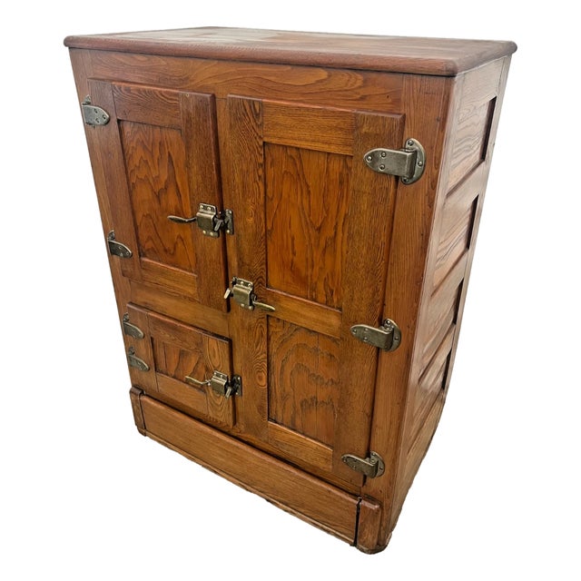 Antique Ice Box Three Storage Cabinets, Oak, Brass Latches Three Racks 32" Wide For Sale