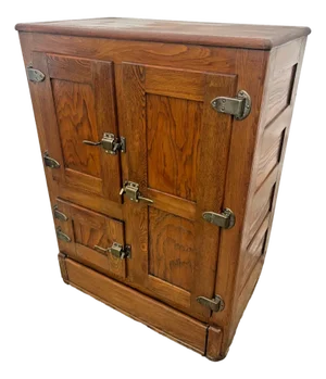 Antique Ice Box Three Storage Cabinets, Oak, Brass Latches Three Racks 32" Wide