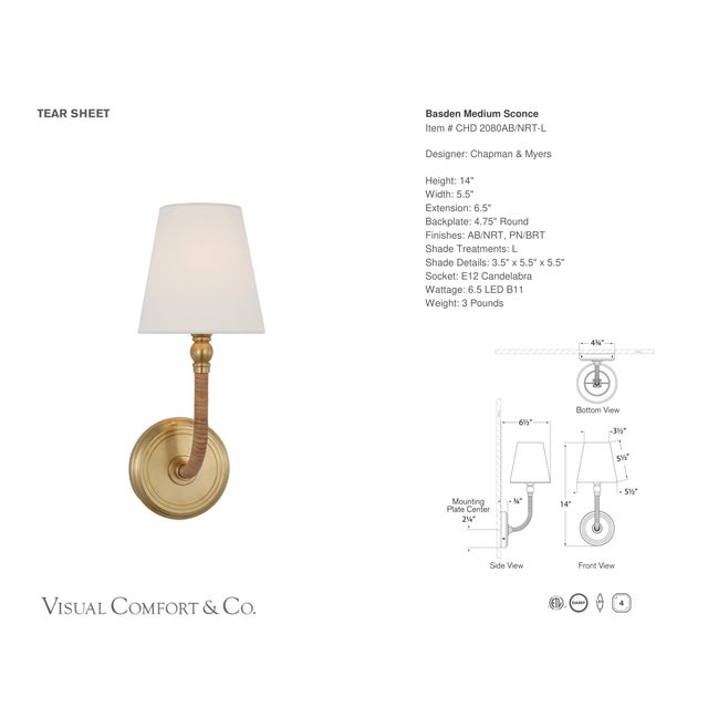 Basden Medium Sconce in Antique-Burnished Brass and Natural Rattan with Linen Shade Designer: Chapman & Myers Finish:...