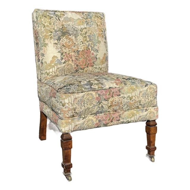 Vintage Floral Upholstered Slipper Chair | Armless Accent Chair With Carved Wood Legs For Sale