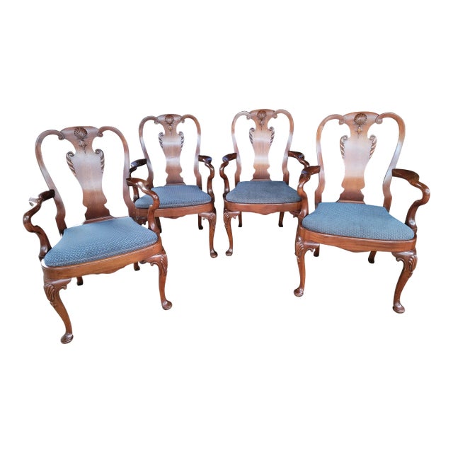 Late 20th Century Georgian Furnishing Mahogany Carved Shell Queen Anne Style Armchairs- Set of 4 For Sale