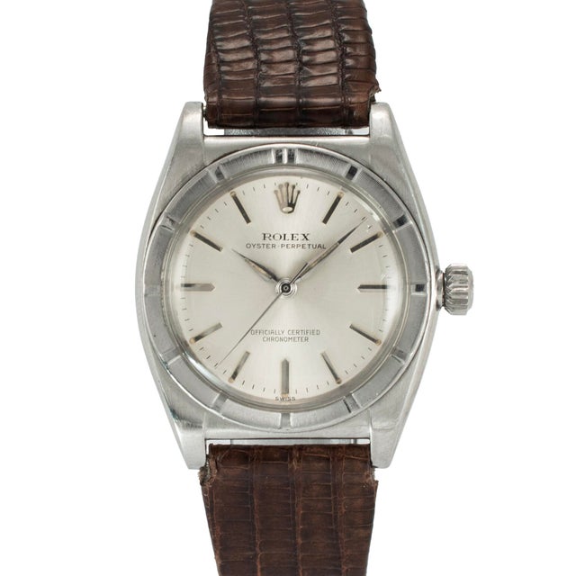 Modern Vintage Rolex Oyster Perpetual 32mm 3372 Brown Bubble Back Steel Automatic Watch For Sale - Image 3 of 12