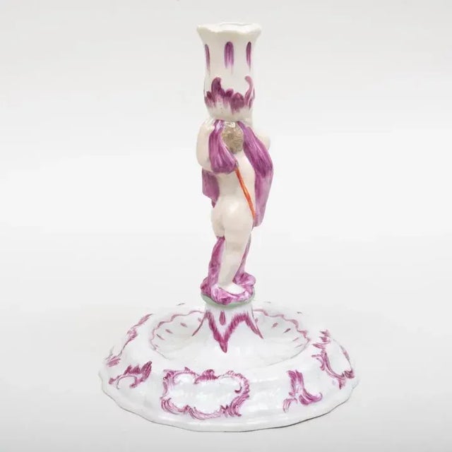 Rococo Antique 18th Century German Baroque Porcelain Candlestick with Figural Putto Angel Stem For Sale - Image 3 of 10