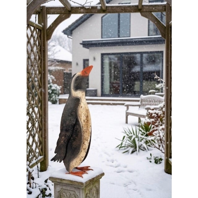 Cream Vintage Folk Art Painted Sheet Metal Penguin Garden Statue For Sale - Image 8 of 12