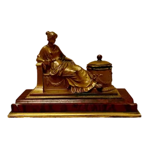 German Bronze Dore and Marble Inkwell