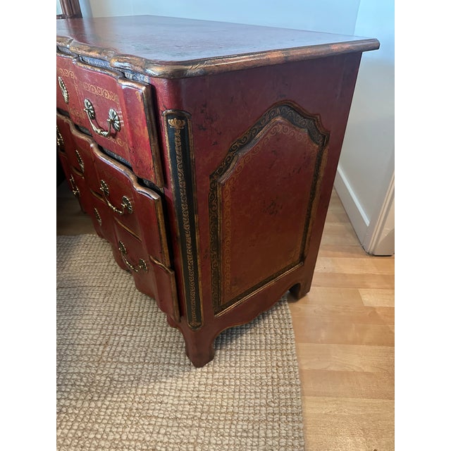 Theodore Alexander Red Leather-Wrapped Serpentine Three-Drawer Chest With Gilt Decoration For Sale - Image 9 of 16