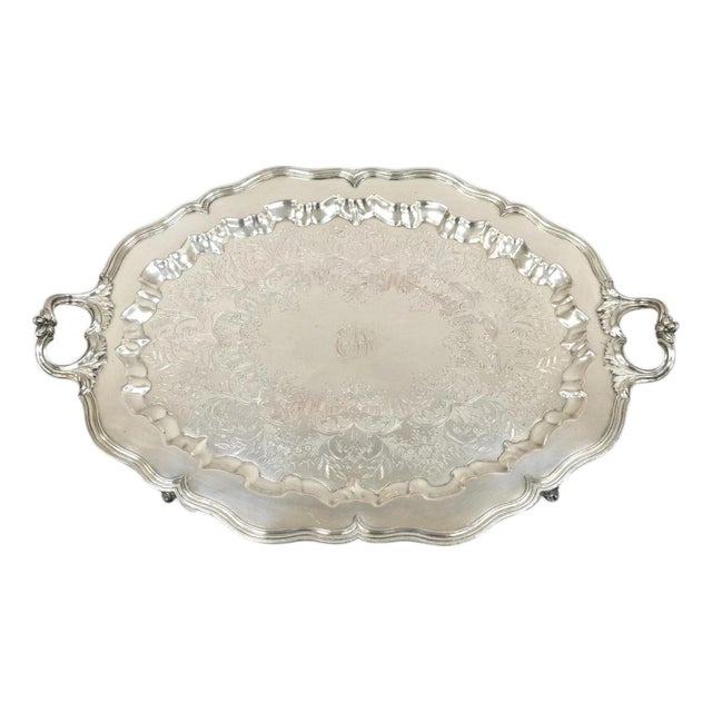 Vintage English Sheffield Victorian Silver Plated Oval Scalloped Platter Tray For Sale