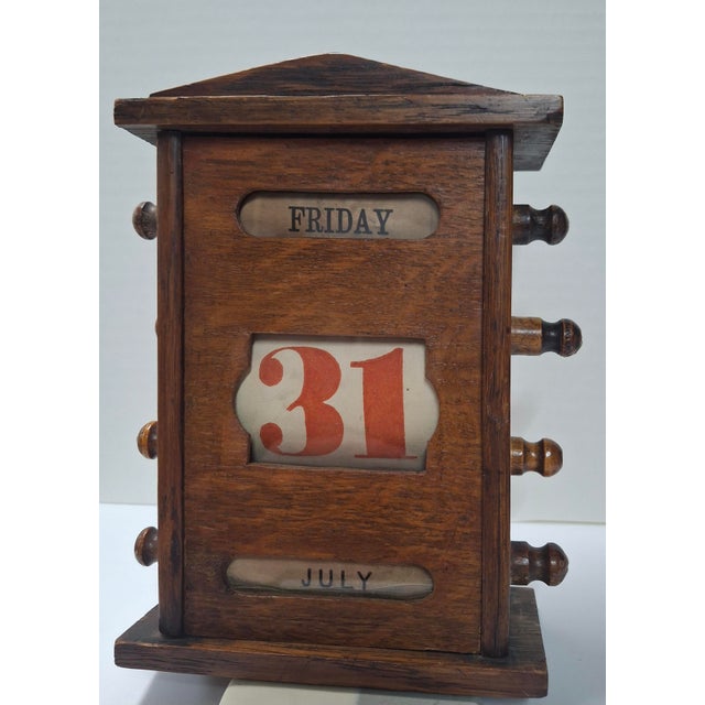 Antique Wooden Scrolling Desk Calendar Keeps Time Perpetually For Sale In San Francisco - Image 6 of 7