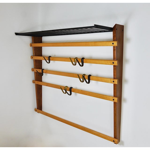 Carl Auböck Coat Rack with Hat Rack in Brass, Walnut and Beech attributed to Carl Auböck, 1950s For Sale - Image 4 of 18