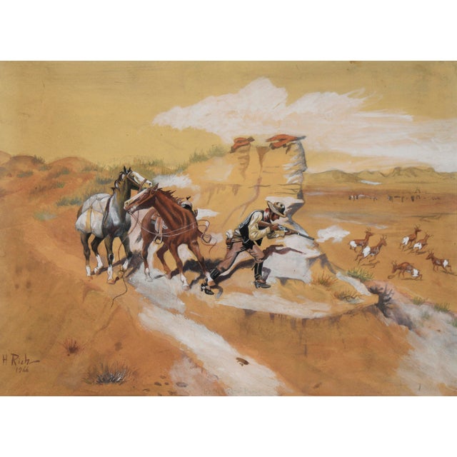 Cowboy Hunting Pronghorn Deer ("American Antelope") in Watercolor and Gouache Detailed western scene by H. Rich (American,...