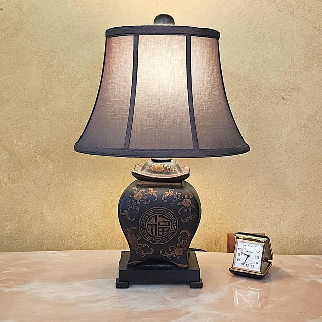 Asian Inspired Black & Brown Porcelain Medallion Table Lamp With Shade For Sale - Image 12 of 18