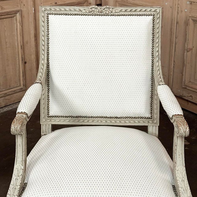 Pair of French 19th Century Louis XVI Painted Armchairs ~ Fauteuils For Sale - Image 11 of 17