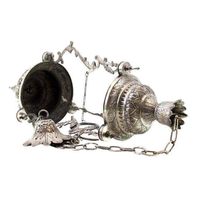 Silver Pendant with Reliefs, Mesh Suspension Chain, Padlock and Ceiling Bracket For Sale