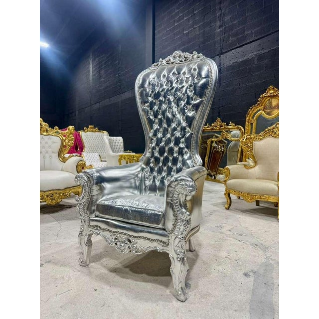French Throne Chair – Silver Leather High-Back For Sale - Image 9 of 9