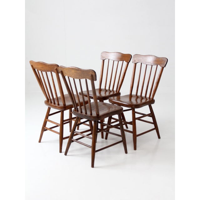 Antique Plank Seat Farmhouse Windsor Dining Chairs Set of 4 For Sale - Image 9 of 17