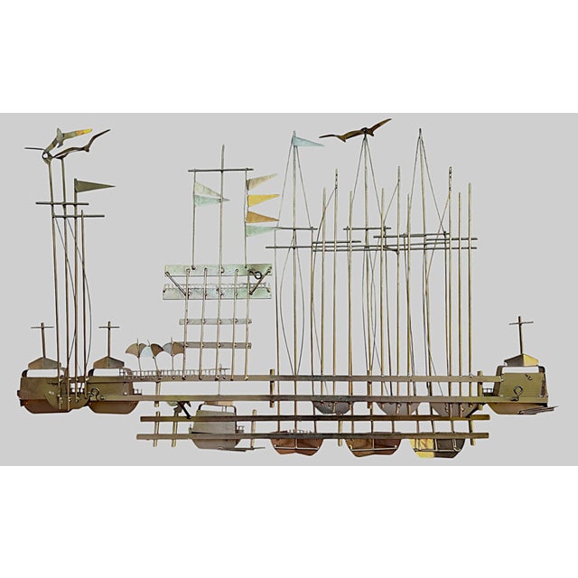 1980s Curtis Jere Nautical Wall Sculpture – Brass Sailboats & Seagulls Harbor Scene For Sale In Los Angeles - Image 6 of 18