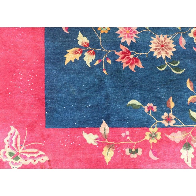 Blue Early 20th Century Blue Background Chinese Art Deco Rug With Large Vining Flowers and Leaves For Sale - Image 8 of 12