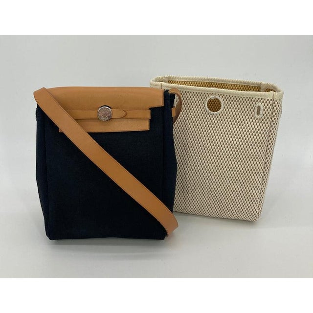 Contemporary Late 20th Century Hermes Herbag Tpm Mini Black and Beige Sangles Canvas For Sale - Image 3 of 10