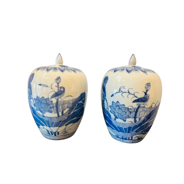 Pair of Vintage Chinese Blue & White Porcelain Ginger Jars with Lids | Chinoiserie Lotus & Bird Motif | Hand-Painted...