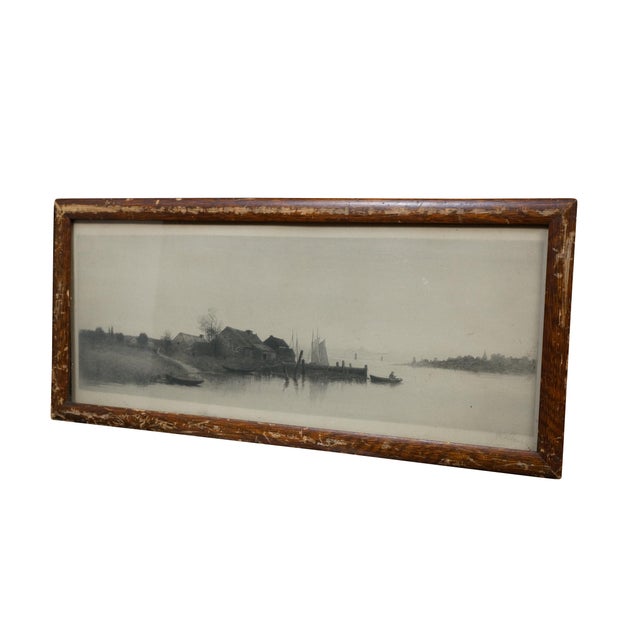 Antique 19th century Alfred J Haller panoramic riverscape village scene featuring thatched cottages, fishing docks /...