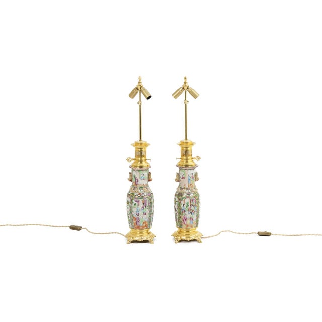 Pair of Canton porcelain and gilt bronze lamps. Work realized circa 1880 This piece is designed in the style of the...