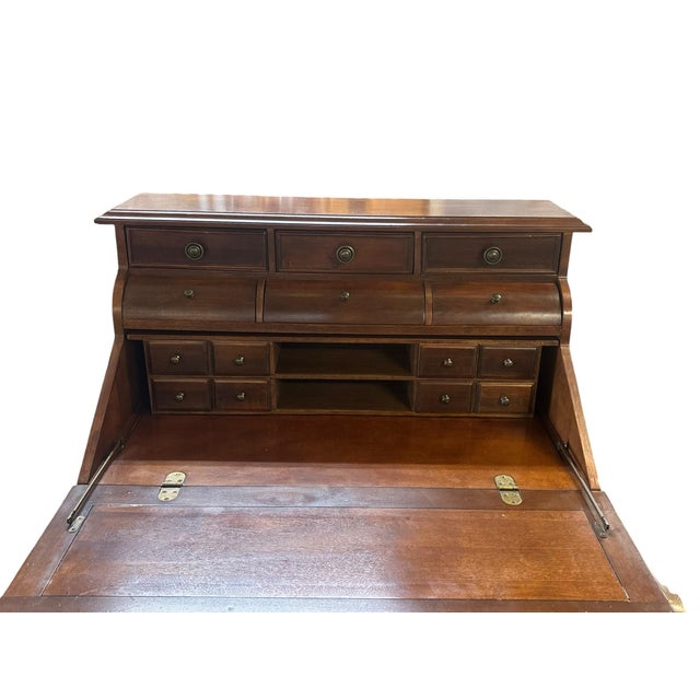 Traditional Cherry Secretary Desk With Tambour Storage and Compass Inlay French Style Secretary Desk With Inlay For Sale - Image 4 of 12