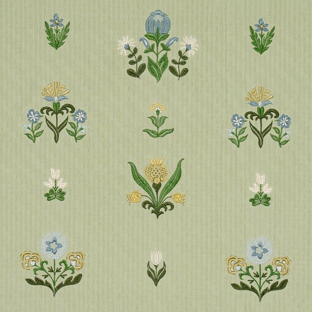 Schumacher Elmslie Embroidery Fabric In Leaf For Sale