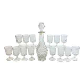 Vintage Anchor Hocking Wexford Decanter with Stopper and 14 Wine Clear Glasses - 15 pcs For Sale