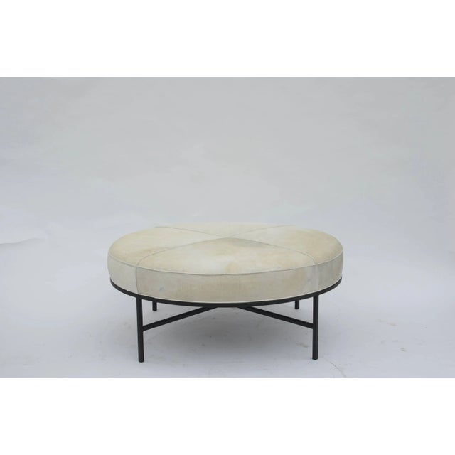 Modern Design Frères White Hide and Blackened Steel 'Tambour' Ottoman For Sale - Image 3 of 3