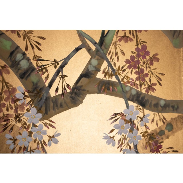 1980s 1980s Shōwa Era Japanese Byobu Screen "Blossoming Cherry Tree" For Sale - Image 5 of 15