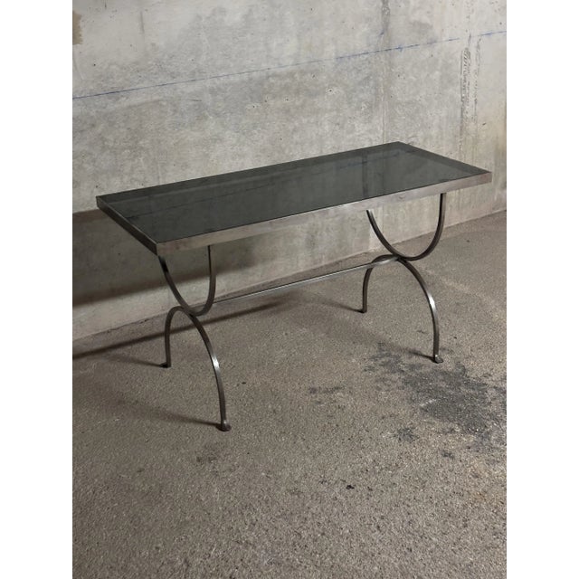 Modernist Brushed Steel and Smoked Glass Console in the style of Maria Pergay, 1970 For Sale - Image 4 of 7