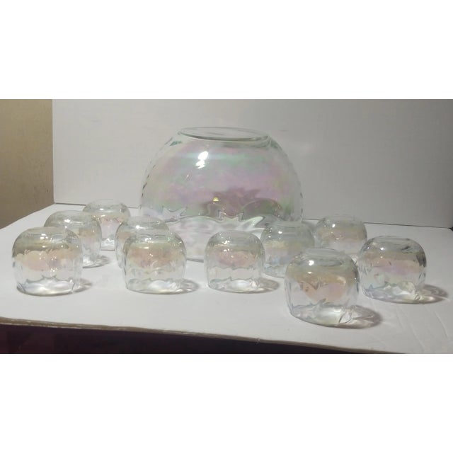 Glass 1960s Iridescent Punch Bowl & 10 Cups For Sale - Image 7 of 9