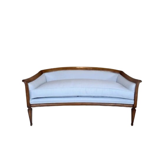 French Directoire Style Sofa, Hand Carved Cherry, Light Blue For Sale