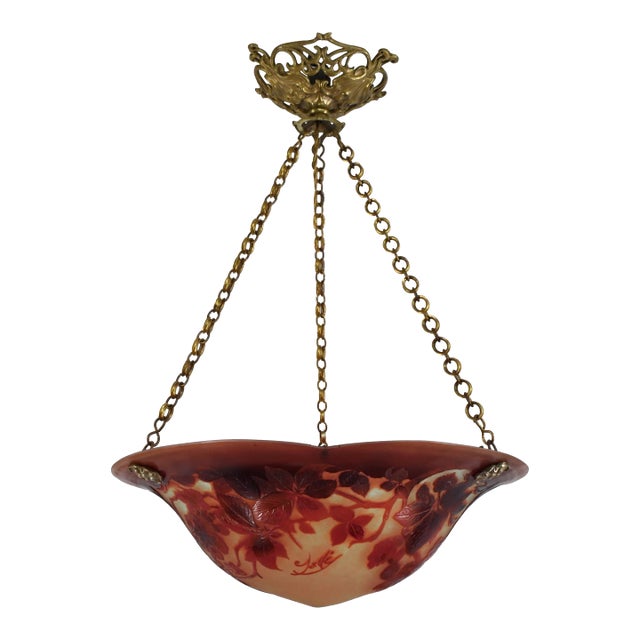 Large French Art Deco Pendant Light by Galle - 1925 Cameo Gallé Chandelier France For Sale