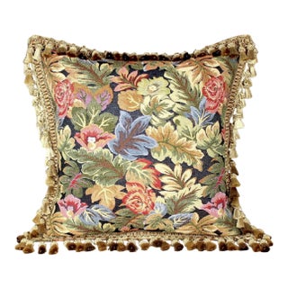 Antique French Aubusson Handwoven Needlepoint Floral Pillow Cover With Antique Tassel Fringe For Sale