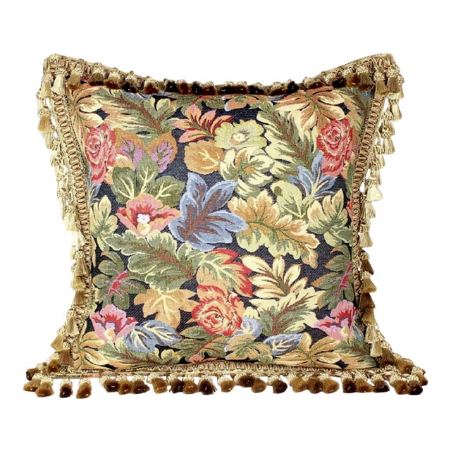 Antique French Aubusson Handwoven Needlepoint Floral Pillow Cover With Antique Tassel Fringe For Sale