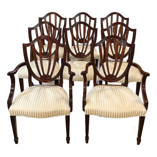 Set of 8 1950s Mahogany Baker Dining Chairs on Sheild Back Charlston Collection For Sale