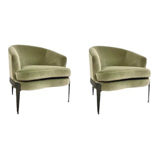 Modern Sage Green Velvet Curved Back Club Chairs - a Pair For Sale