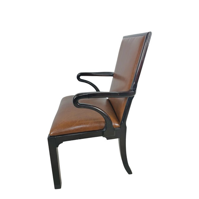 Vintage Baker Furniture Brown Leather & Ebonized Wood Armchair For Sale - Image 11 of 17