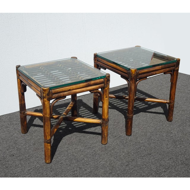 McGuire Pair of Vintage McGuire Brown Bamboo Rattan End Tables ~ Side Table For Sale - Image 4 of 17